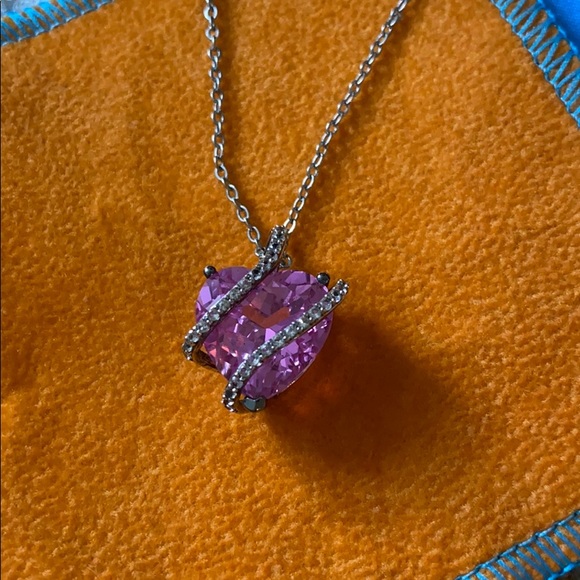 Lab created Pink and White Sapphire Heart necklace - Picture 5 of 13